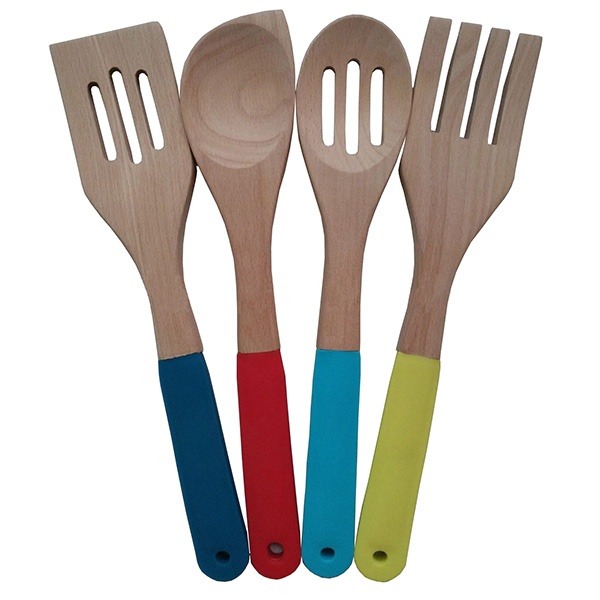 4pcs wood utensils set with silicone handle